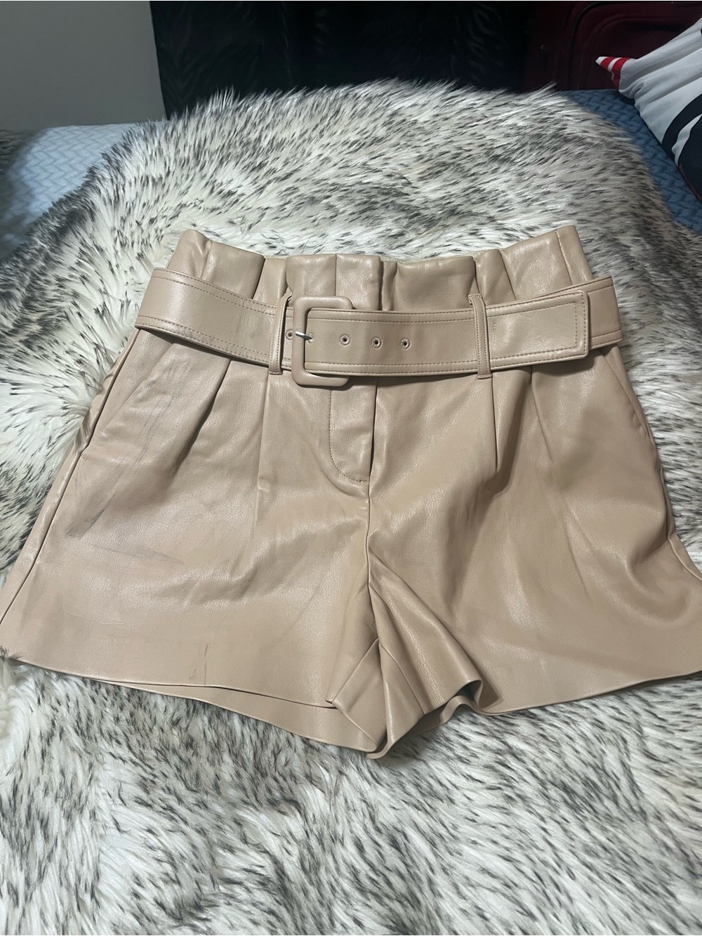 Express High-Waist Faux Leather Shorts - Beige Tan
